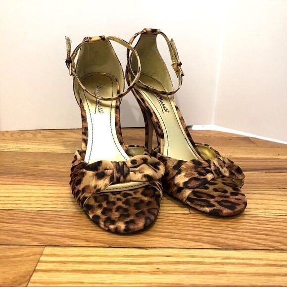 Leopard cheetah print sandal heels shoes NEW satin brown gold tan black 7.5 NIB - Picture 6 of 13